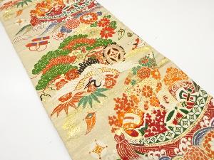 アンティーク　宝船に鶴・鼓・草花模様織り出し丸帯(着用可)